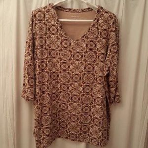 Catherines 3/4 Sleeve Tan/Brown/Peach Tee 1X